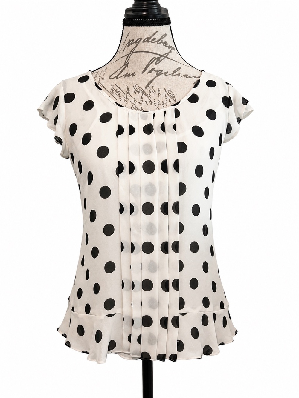 Talbots Black and White Polka Dot Pleated Cap-Sleeve Blouse